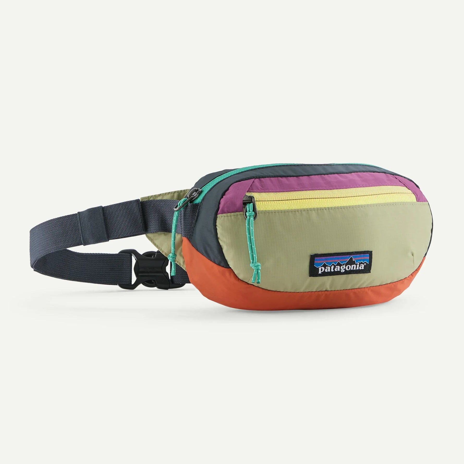 Patagonia multicolor patchwork hip pack with adjustable waist strap on white background