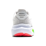 Brooks Ghost 17 men's running shoe rear view, white with pink and green outsole