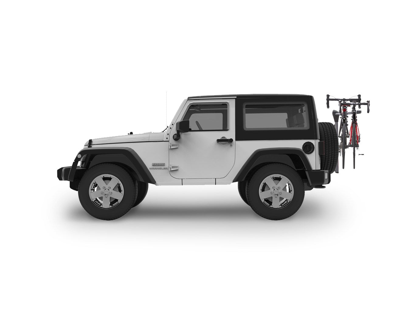 Yakima SpareRide hitch-mounted bike rack installed on white Jeep Wrangler carrying two bicycles