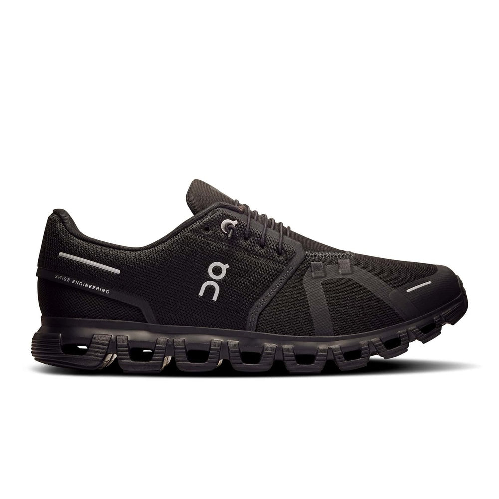 On Cloud 6 men's running shoe in black with white accents and distinctive sole