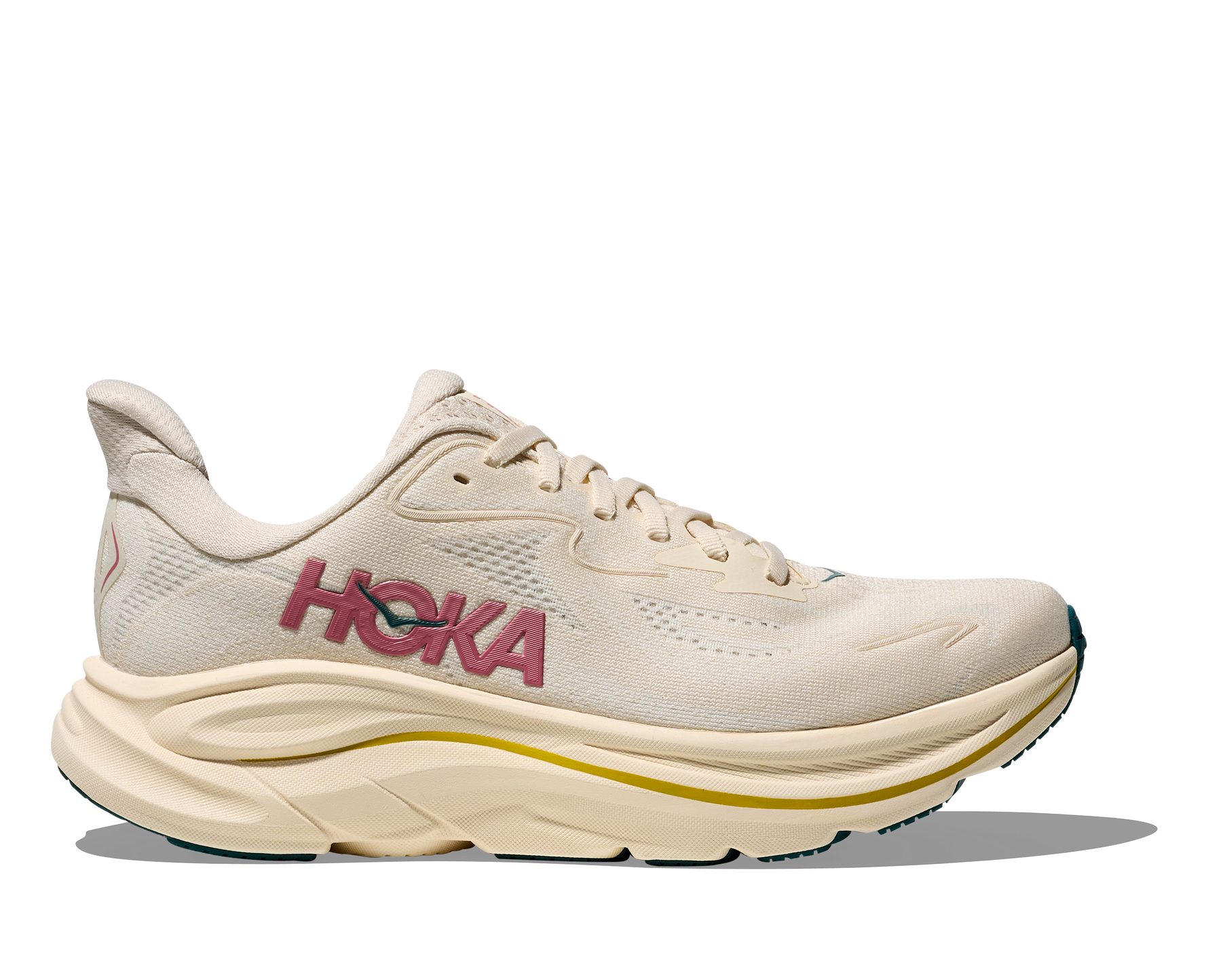 Hoka Clifton 10 women's running shoe in birch/alabaster colorway with pink logo