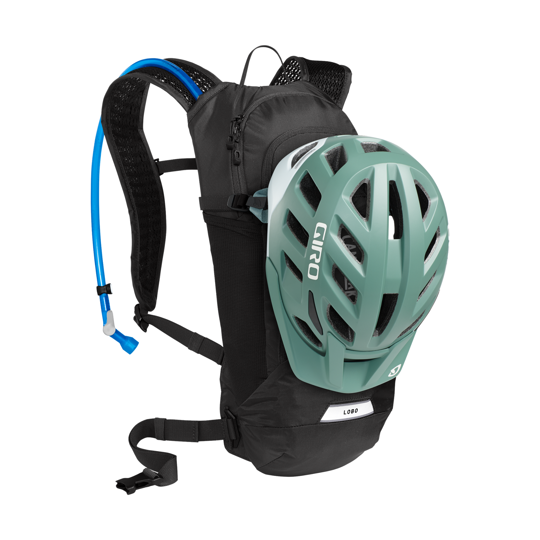 CamelBak Lobo black hydration backpack with green cycling helmet attached
