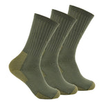 Three olive green crew hiking socks with tan heel and toe reinforcement displayed upright