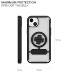 Rokform Crystal Case for iPhone 15 Plus with dimensions and magnetic mount system