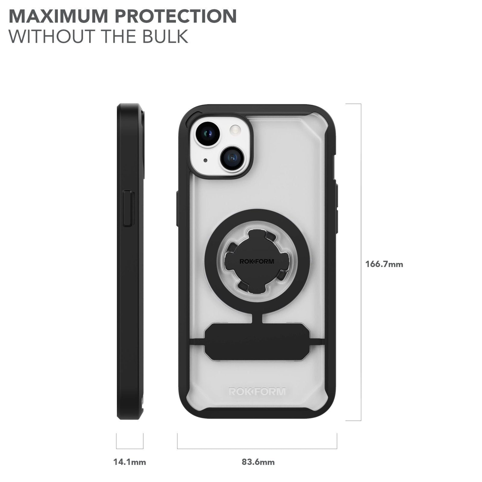 Rokform Crystal Case for iPhone 15 Plus with dimensions and magnetic mount system