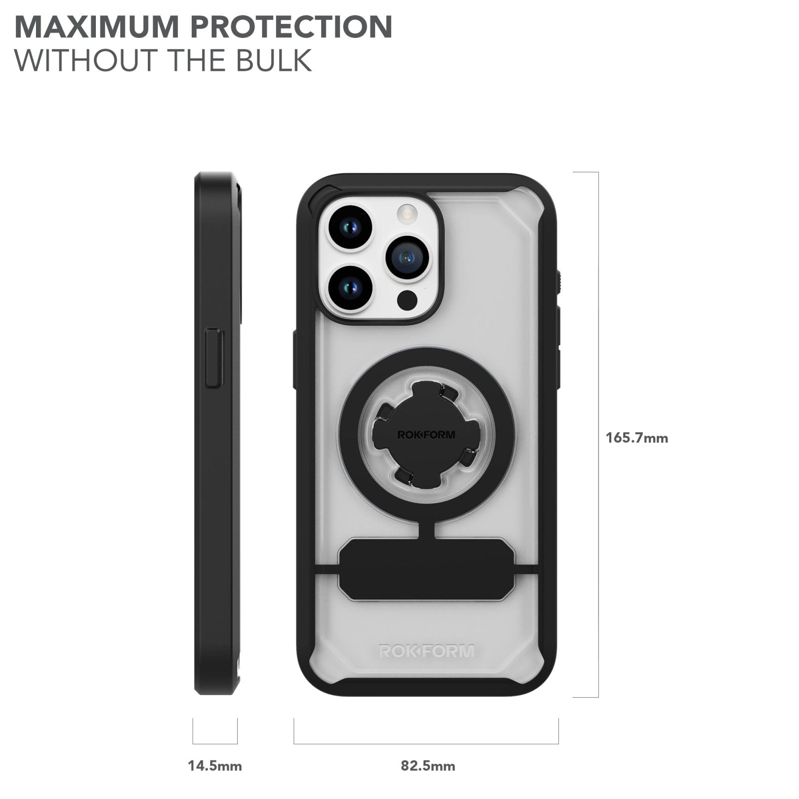 Rokform Crystal Case for iPhone 15 Pro Max showing clear back with black protective frame