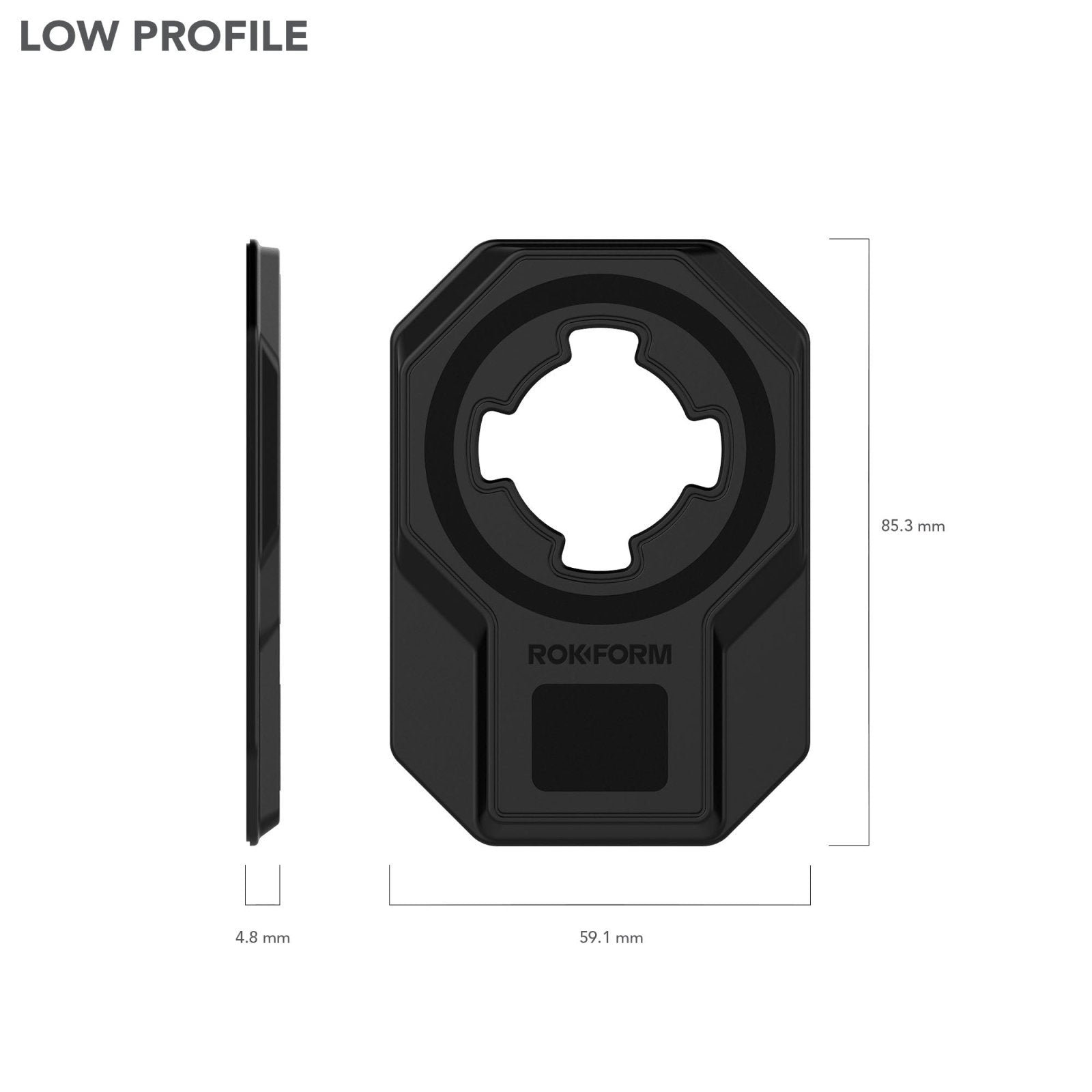 Black Rokform Universal Adapter with dimensions shown in technical diagram style