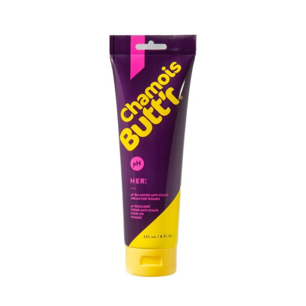 Chamois Butt'r HER anti-chafe cream tube in purple and yellow packaging