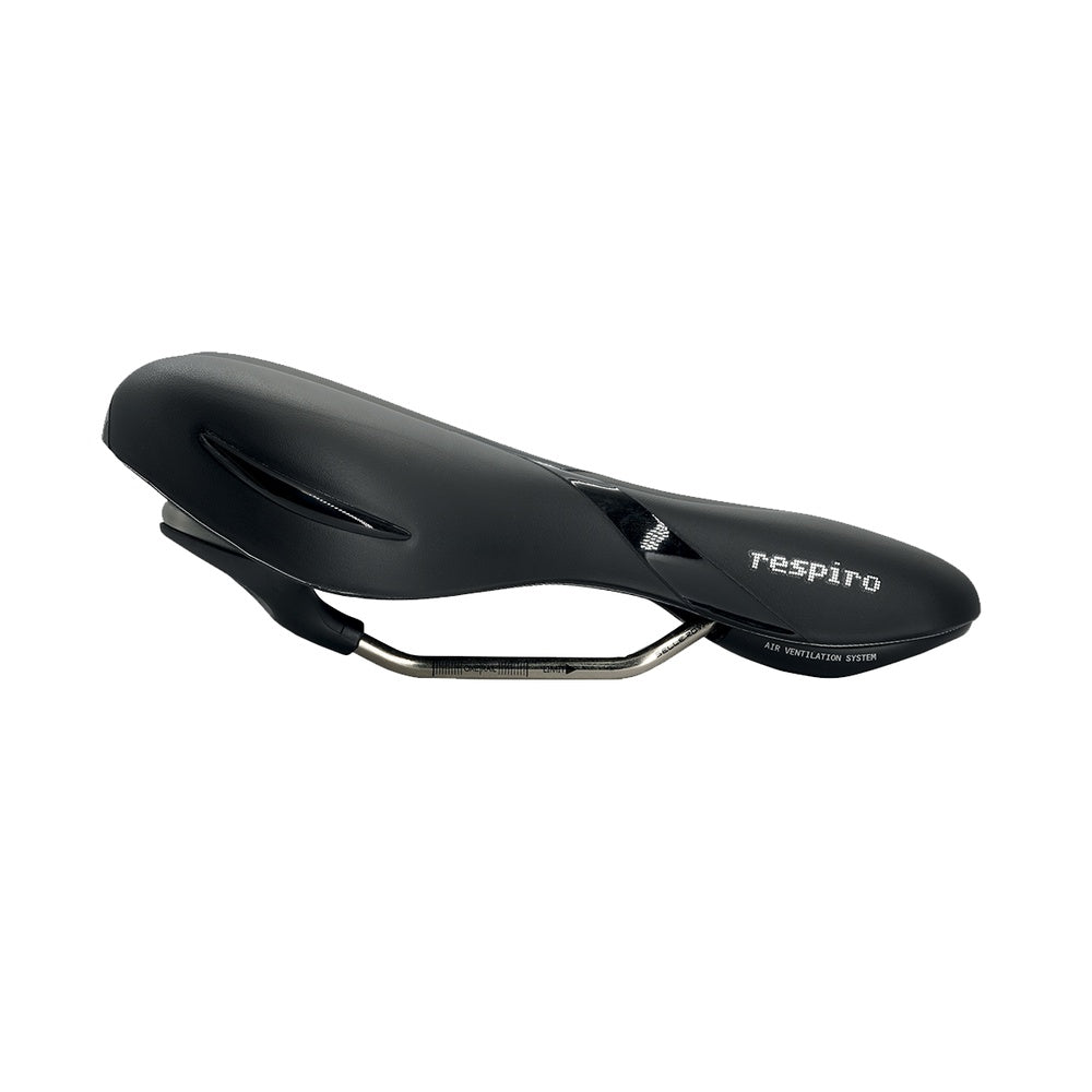 Selle Royal Respiro bike saddle in black with air ventilation system, side view
