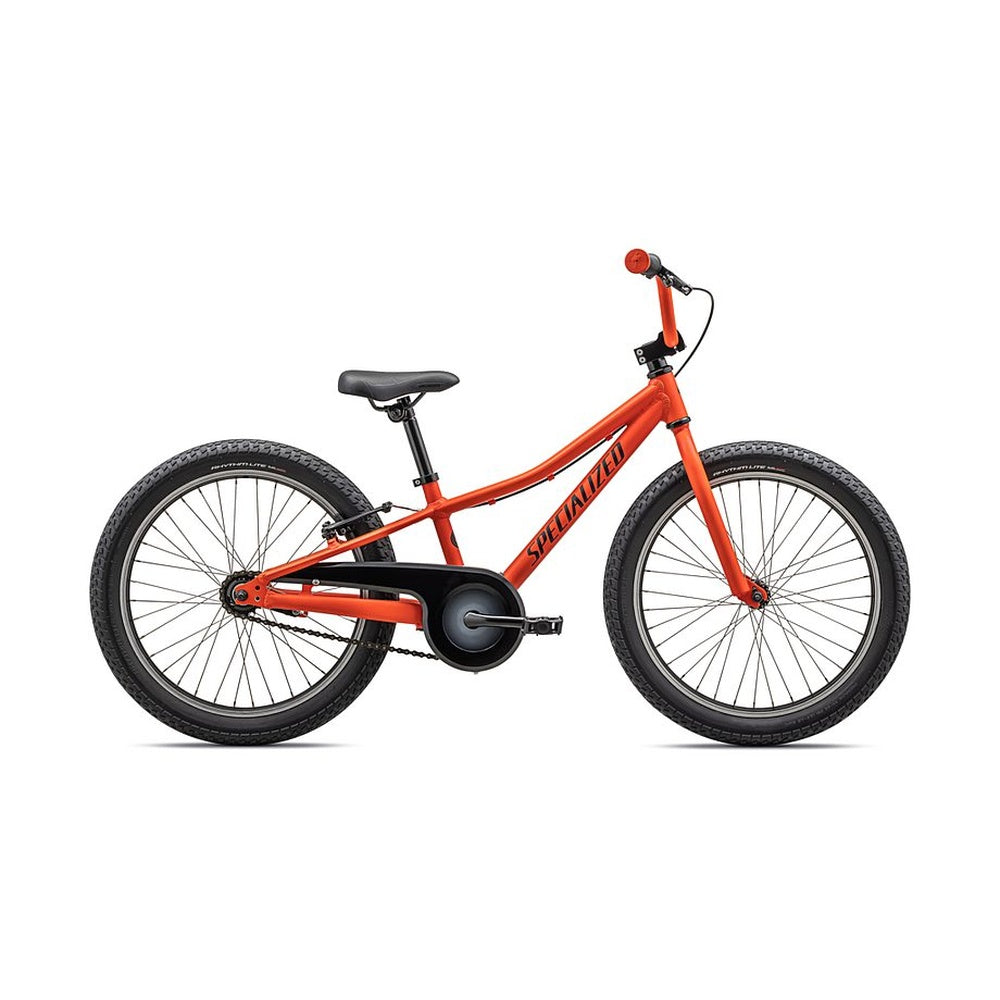 Red Specialized Riprock children's bike with black seat and handlebars on white background
