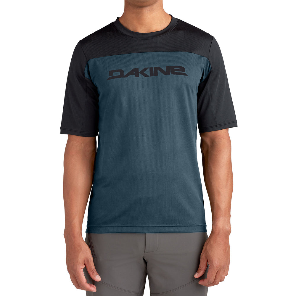Dakine men's mountain bike jersey in teal and black colorway on model