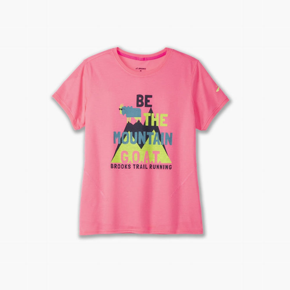 Brooks Distance Short Sleeve 3.0 in Neo Pink with Mountain Goat trail running graphic