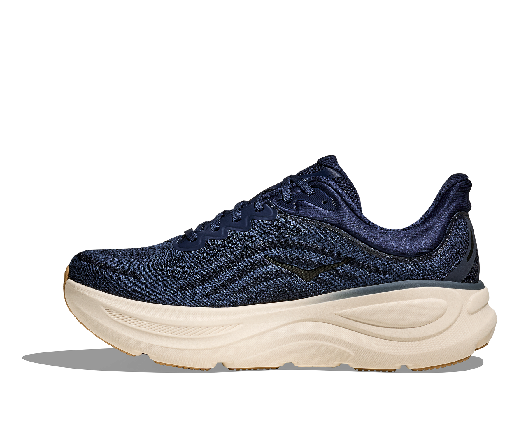Hoka Bondi 9 running shoe in midnight blue with cream midsole