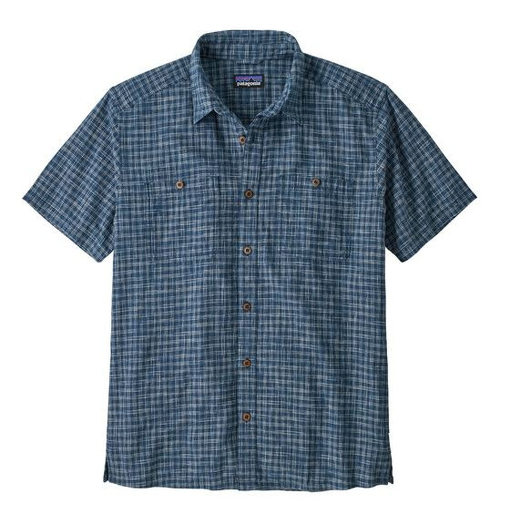 Patagonia Men's Back Step short sleeve plaid shirt in stone blue