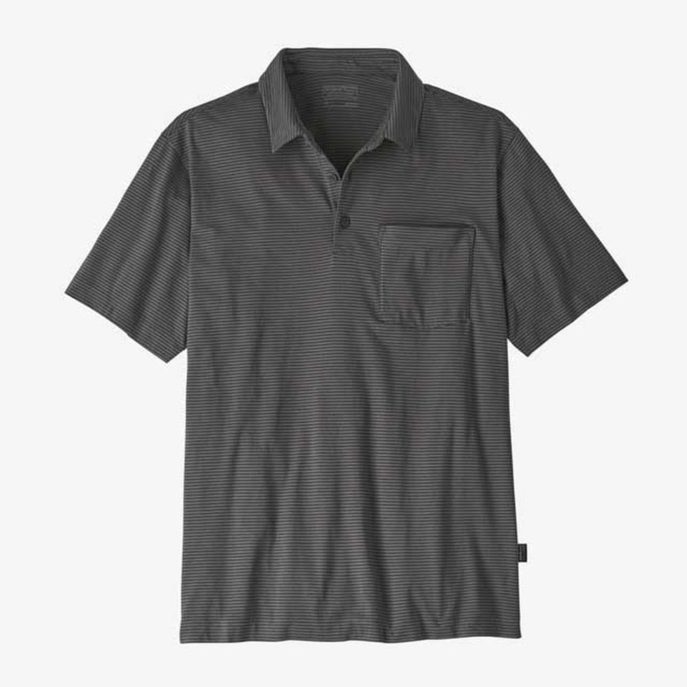 Patagonia men's grey striped polo shirt with collar and chest pocket