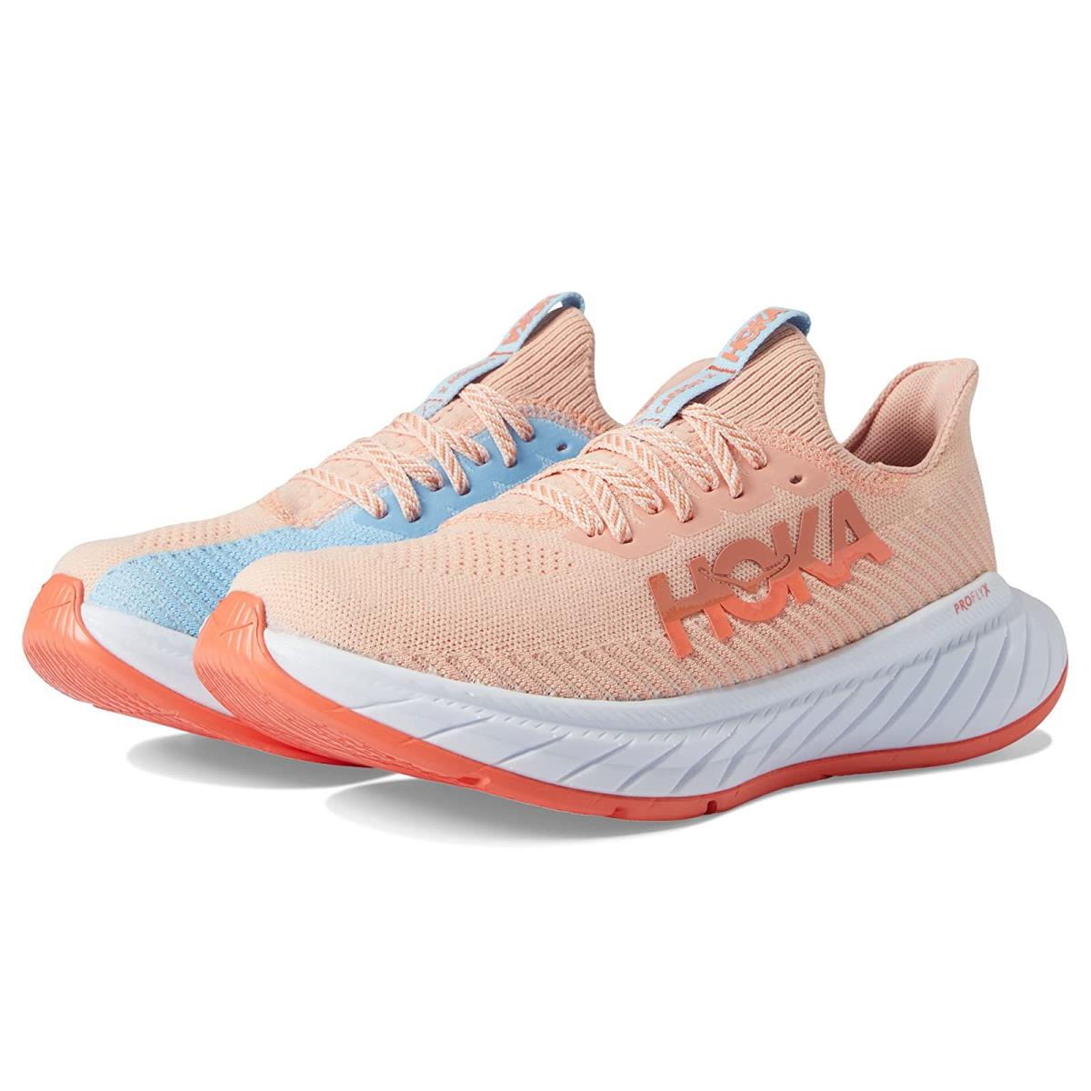 Hoka Carbon X 3 women's running shoes in peach parfait colorway with coral accents