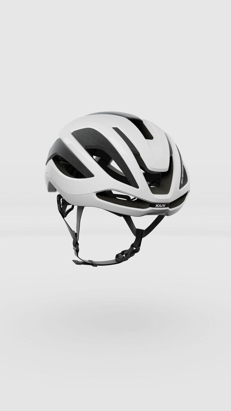 KASK Elemento white cycling helmet with aerodynamic design and black chin strap