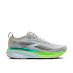 Brooks Adrenaline GTS 25 men's running shoe in oyster gray with green gecko and blue accents