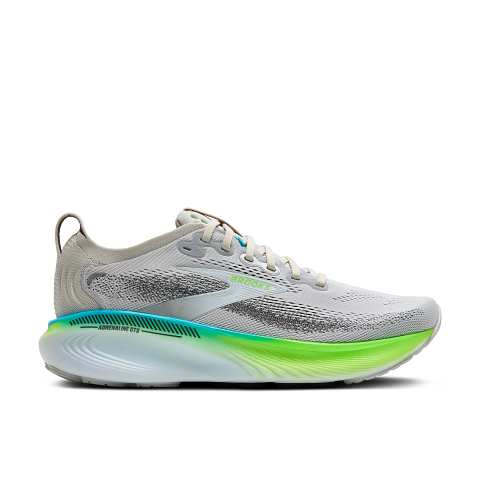 Brooks Adrenaline GTS 25 men's running shoe in oyster gray with green gecko and blue accents