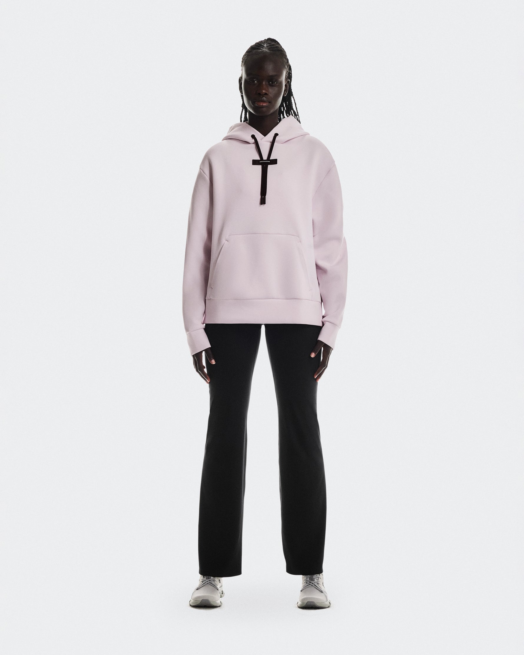 On Focus Tech Hoodie in orchid pink with front pocket and hood