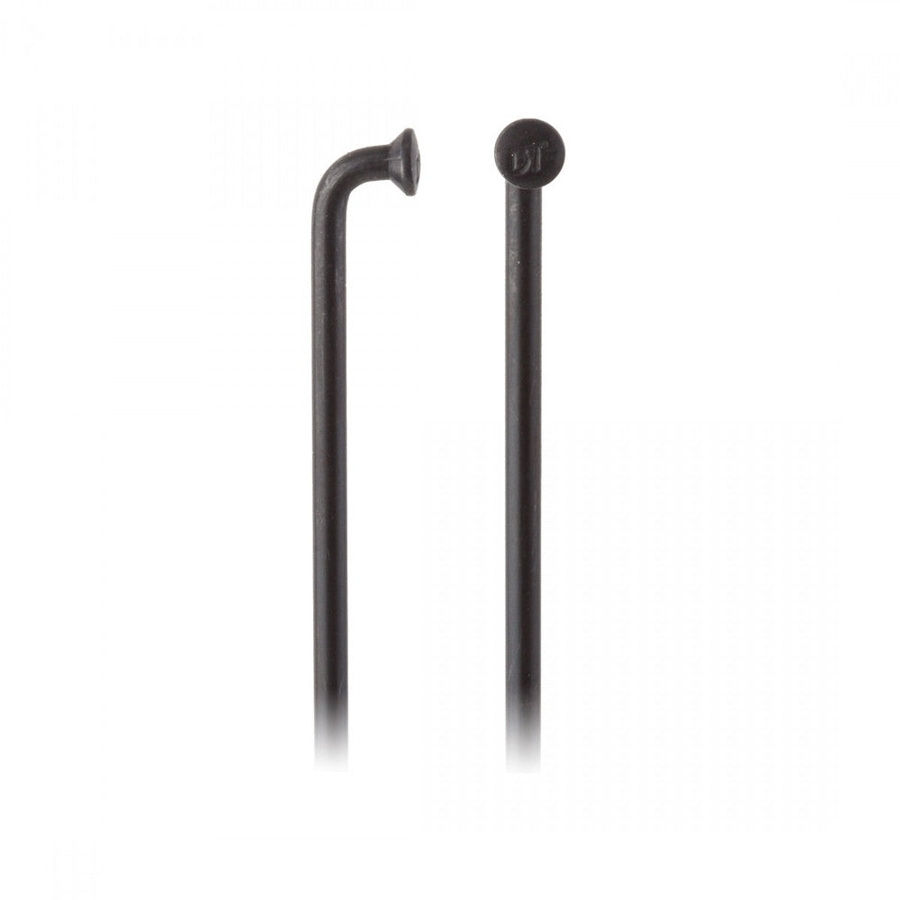 Two black DT Swiss bicycle spokes with different head styles against white background