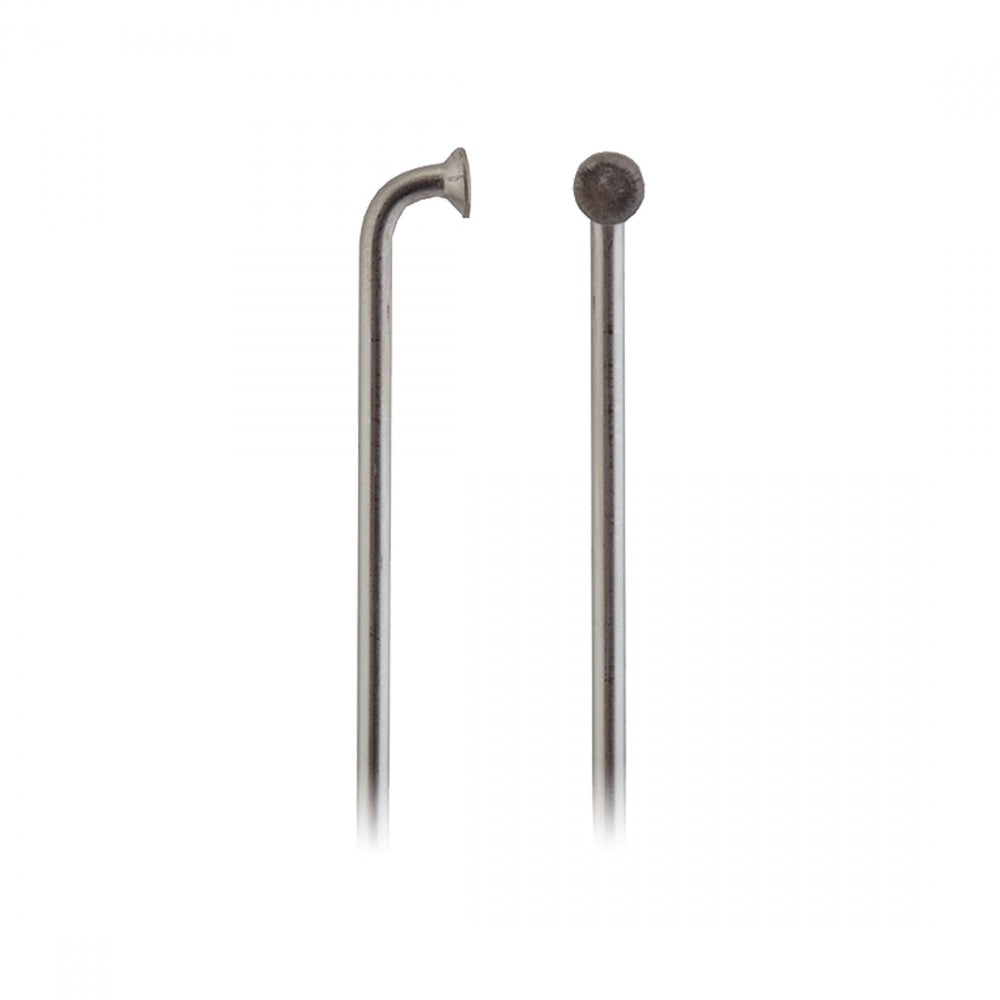 Two stainless steel bicycle spokes with different end designs on white background