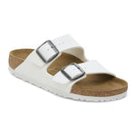 White Birkenstock Arizona two-strap sandals with cork footbed and buckles
