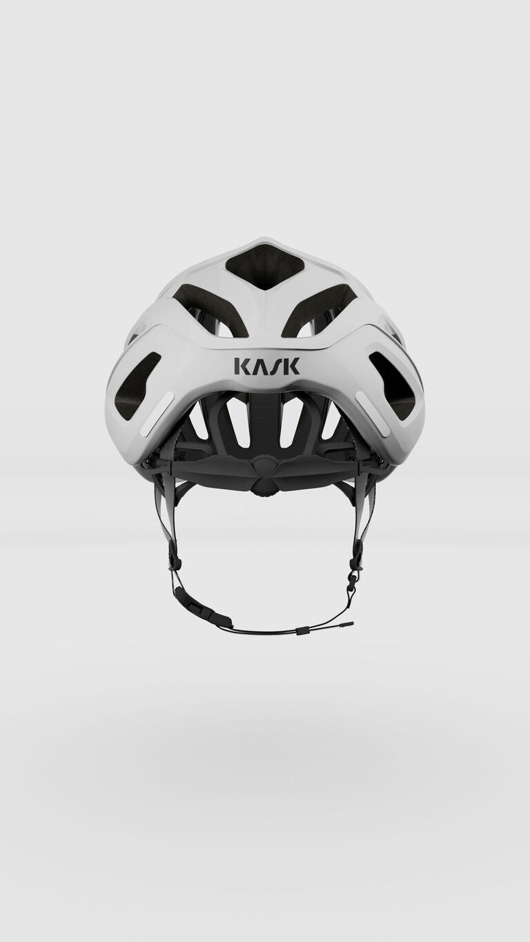 Kask Mojito Cubed white cycling helmet rear view showing ventilation and adjustment system