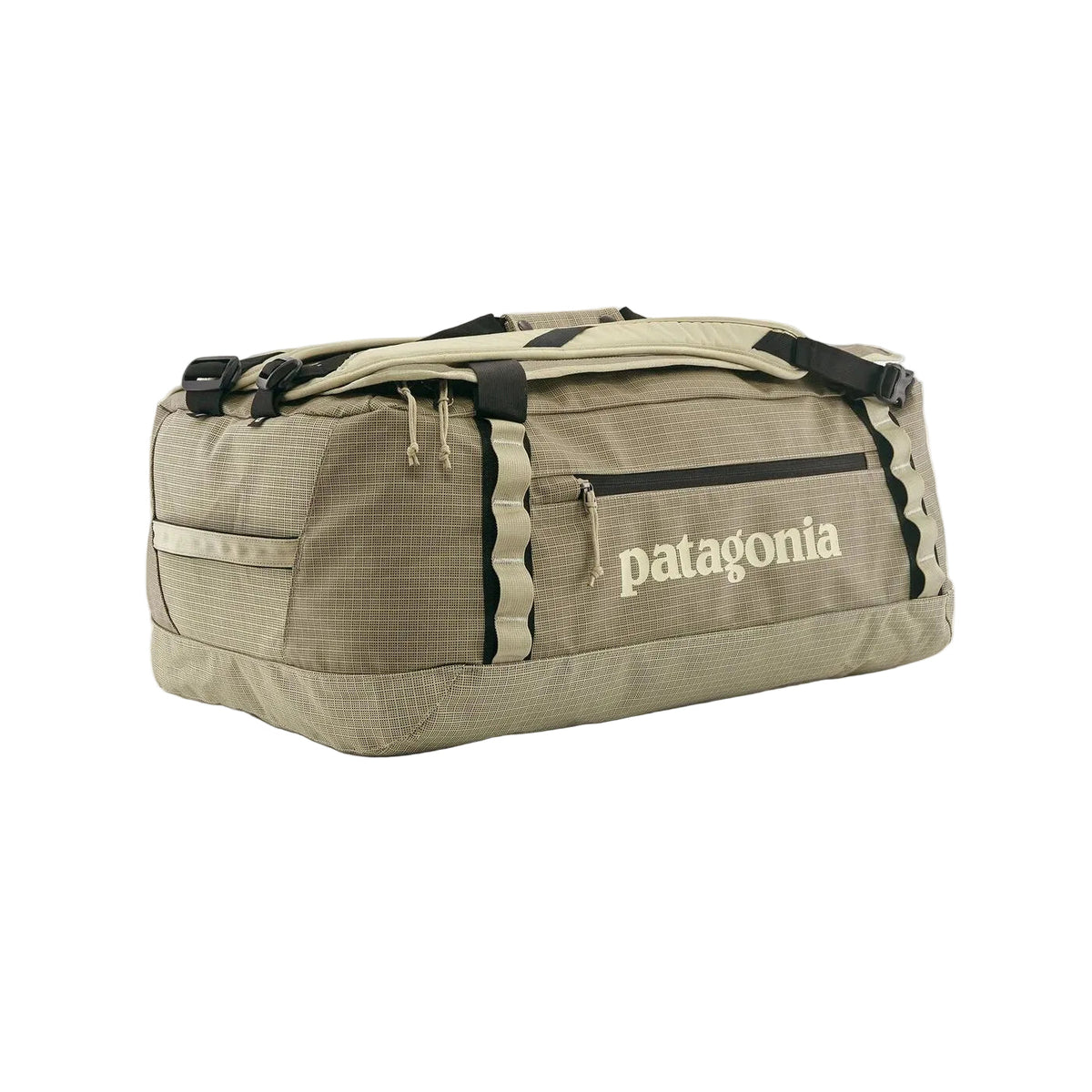 Patagonia Black Hole Duffel 55L in Weathered Stone, front three-quarter view on white background