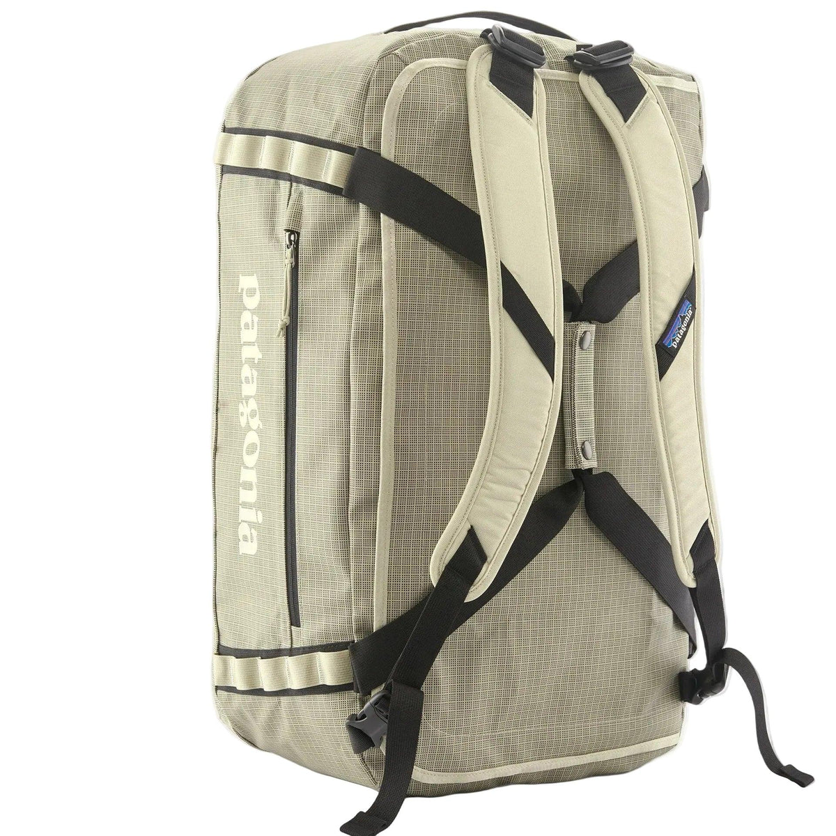 Patagonia Black Hole Duffel 55L in Weathered Stone shown as backpack with harness straps deployed