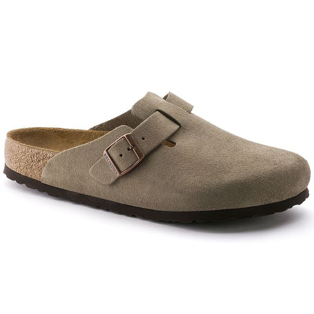 Birkenstock Boston soft footbed clog in taupe suede with adjustable buckle strap