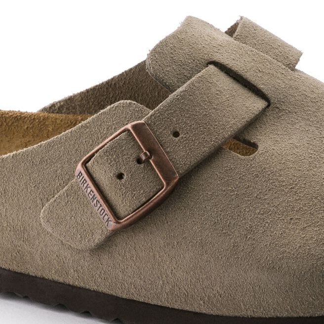 Birkenstock Boston soft footbed clog in taupe suede with copper buckle