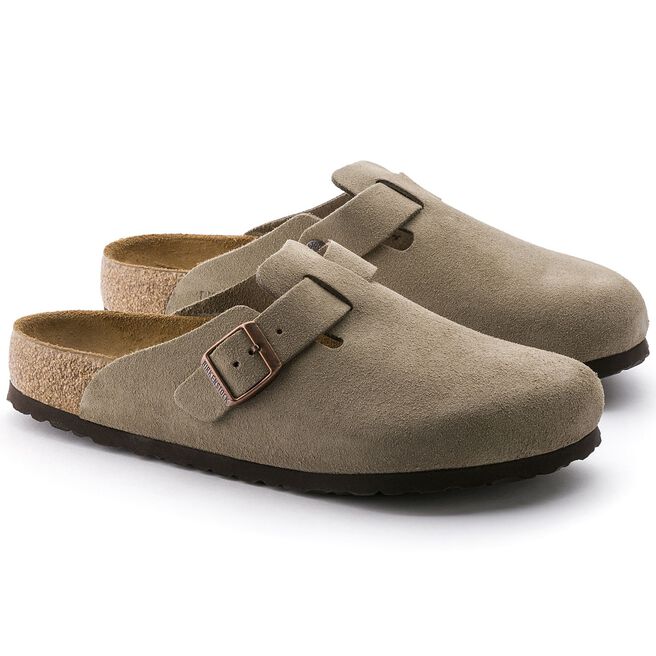Birkenstock Boston Soft Footbed clogs in taupe suede with adjustable buckle straps