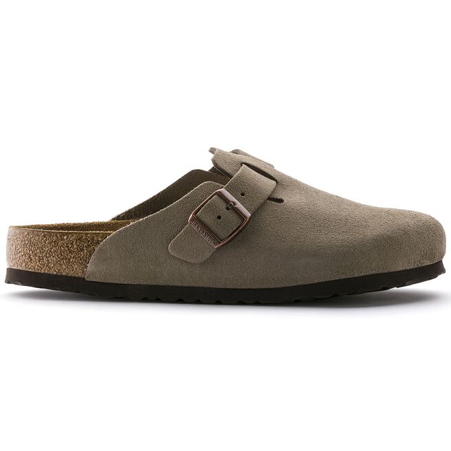 Birkenstock Boston clog in taupe suede with adjustable buckle strap