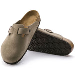 Birkenstock Boston clogs in taupe suede with cork sole and adjustable strap