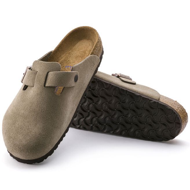 Birkenstock Boston clogs in taupe suede with cork sole and adjustable strap