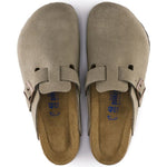 Birkenstock Boston Soft Footbed clogs in taupe suede leather with adjustable buckle straps