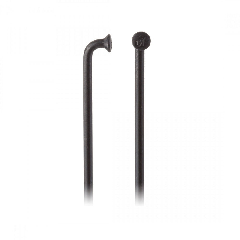 Two black DT Swiss bicycle spokes with different head styles on white background