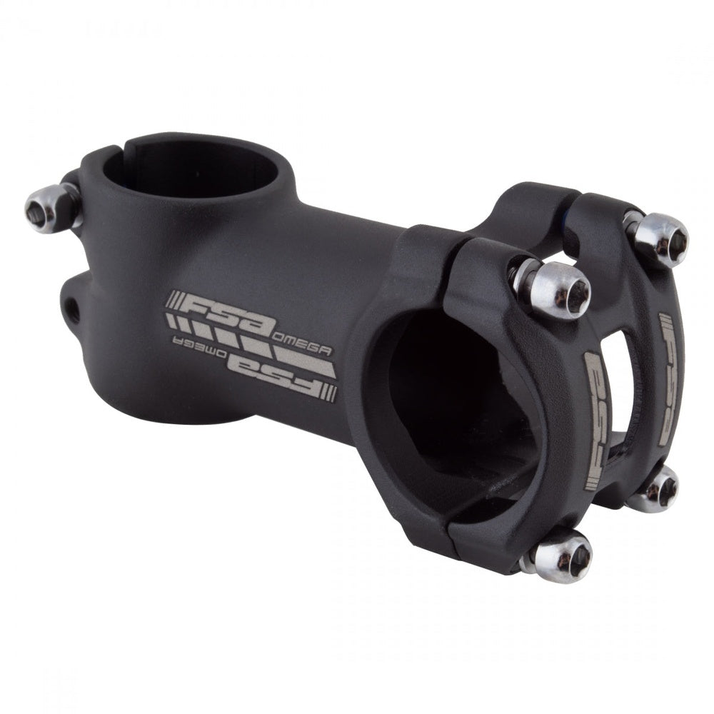 FSA Omega 70mm bicycle stem in matte black with silver allen bolts on white background