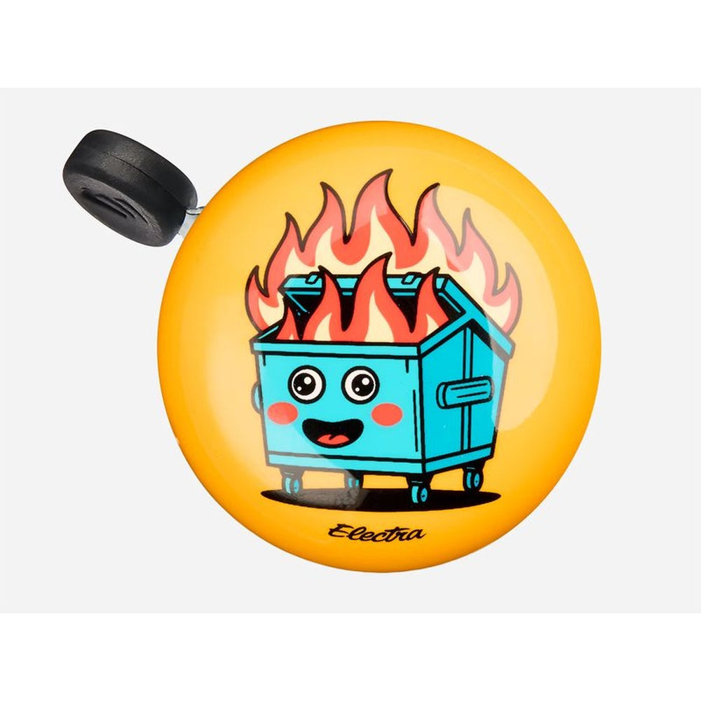 Electra Ringer Bike Bell featuring a smiling cartoon dumpster fire on yellow background