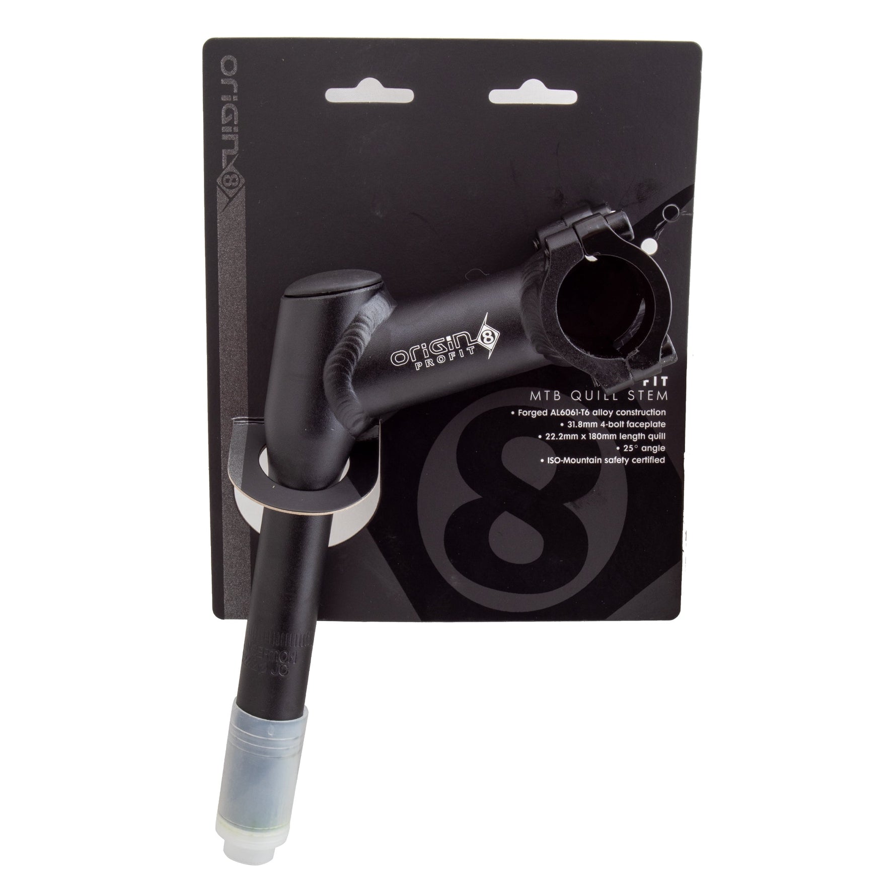 Origin8 Pro Fit black quill stem with angled design on retail packaging