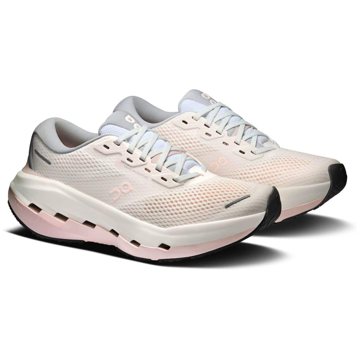 On Cloudrunner 3 Max women's running shoes in white and salt, three-quarter angle pair view