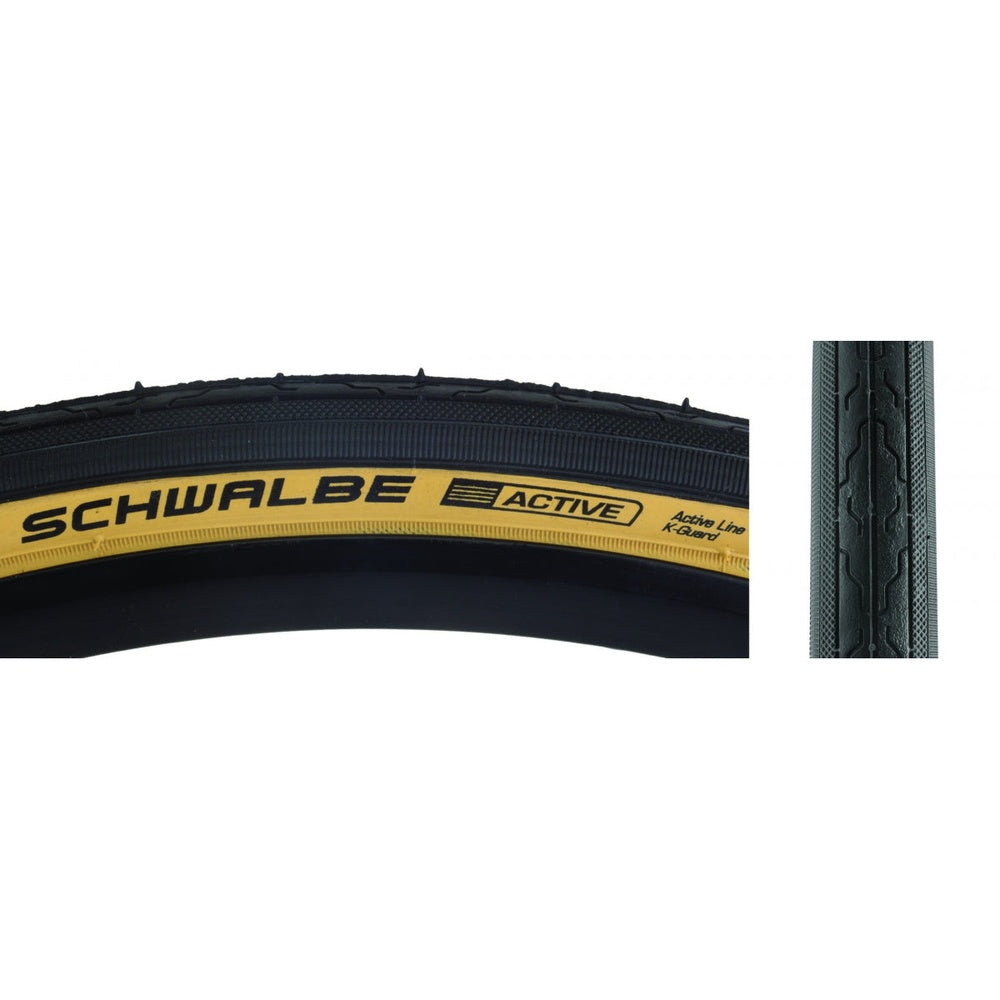 Schwalbe Active bicycle tire with yellow stripe and black tread pattern