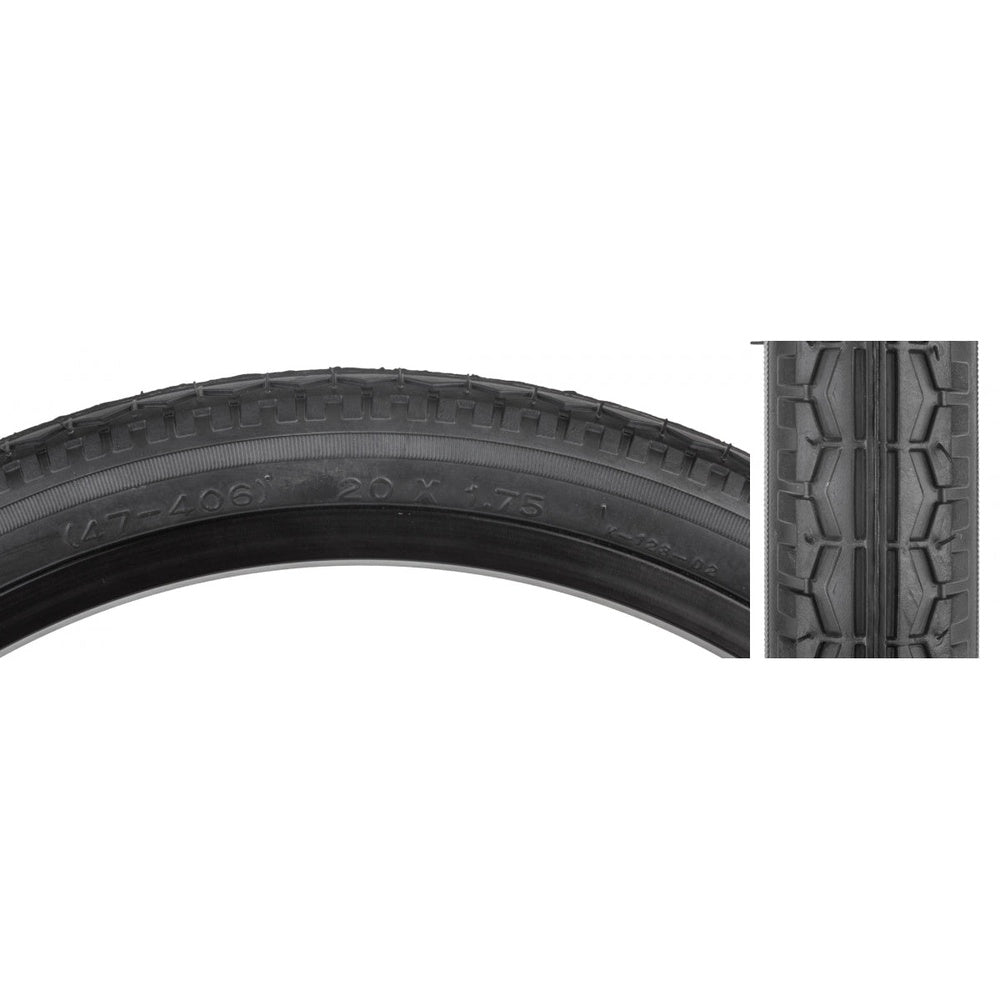 Sunlite 20x1.75 black street bicycle tire with tread pattern detail