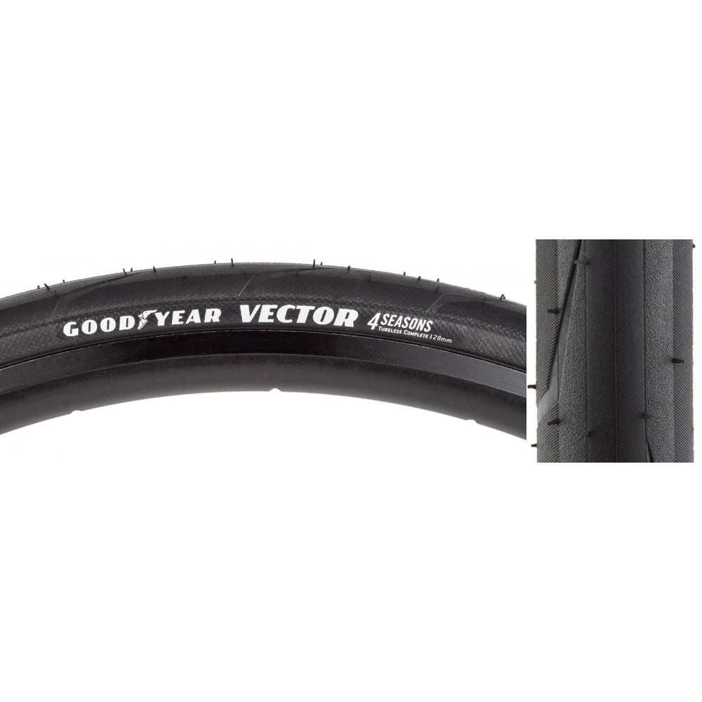 Goodyear Vector 4Seasons black bicycle tire showing sidewall branding and tread pattern