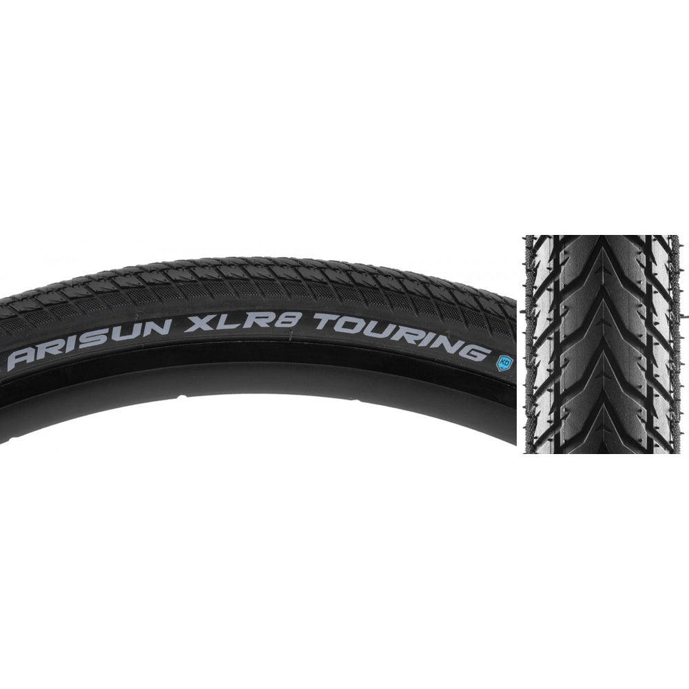 Arisun XLR8 Touring 700x35 black bicycle tire with tread pattern detail view