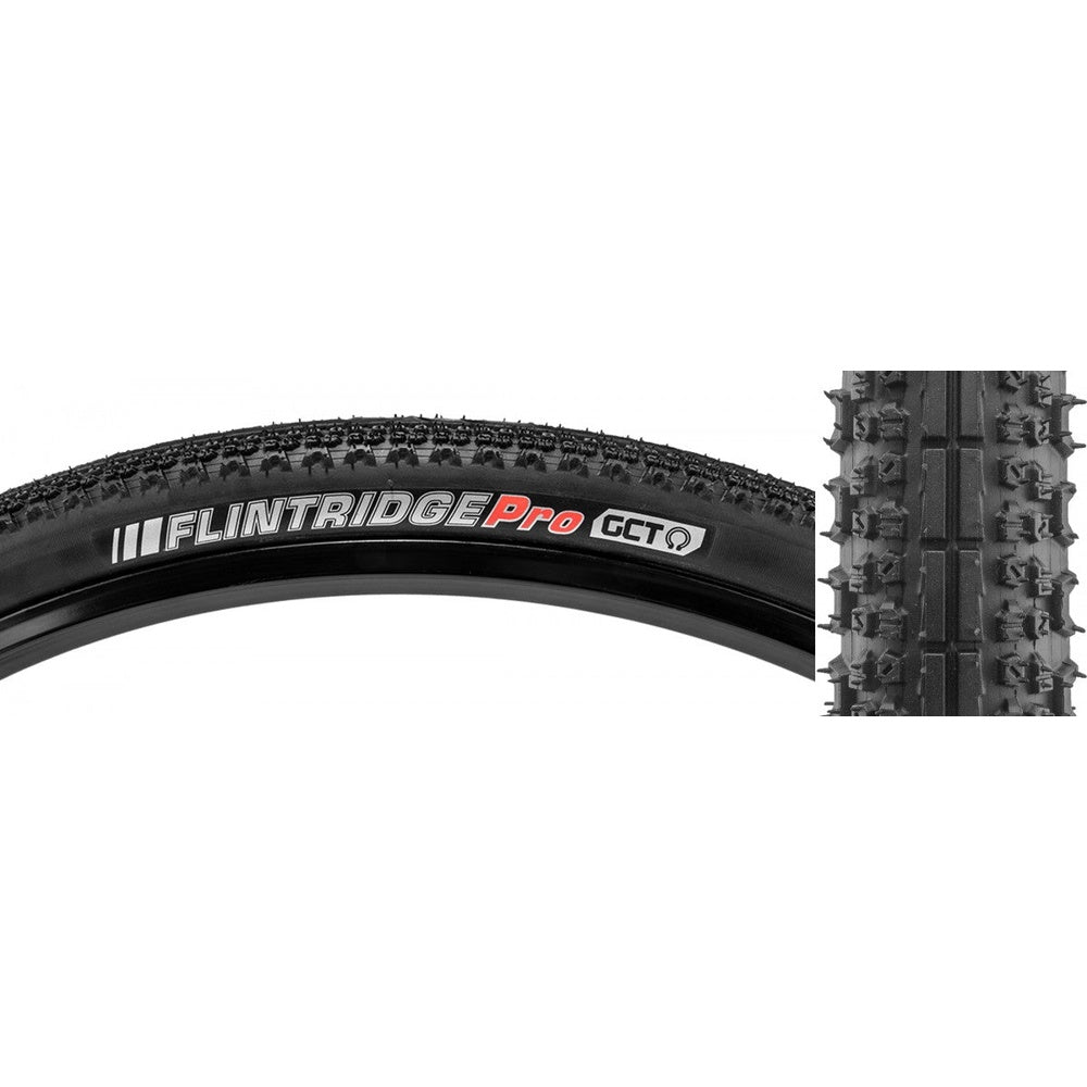Kenda Flintridge Pro GCT 700x45 black folding gravel tire shown from side and tread