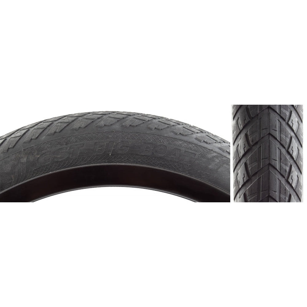 CST Big Boat 20x4.0 black BMX fat tire shown from side and tread view