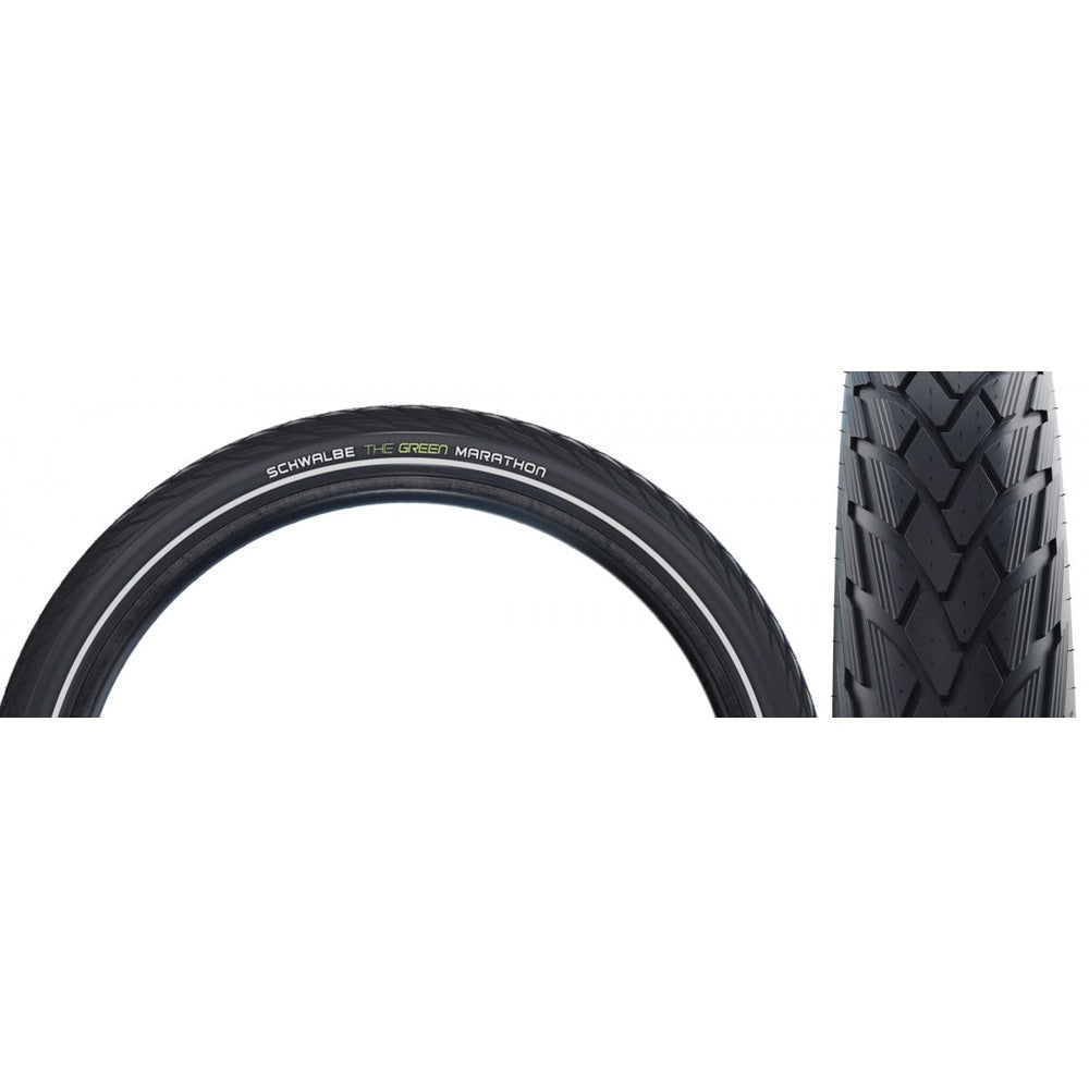 Schwalbe Marathon bicycle tire showing black tread with reflective stripe and herringbone pattern