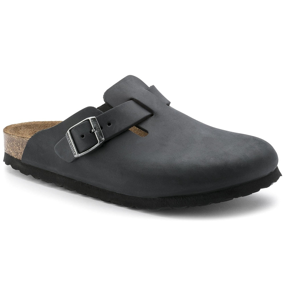 Birkenstock Boston oiled leather clog in dark gray with adjustable buckle strap